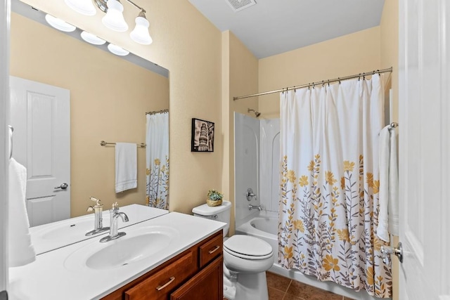 full bathroom with tile patterned flooring, vanity, toilet, and shower / bathtub combination with curtain