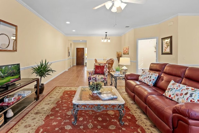 living room featuring crown molding, ceiling fan with notable chandelier, and light tile patterned floors