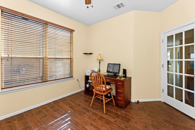 home office with dark hardwood / wood-style floors, a wealth of natural light, and ceiling fan