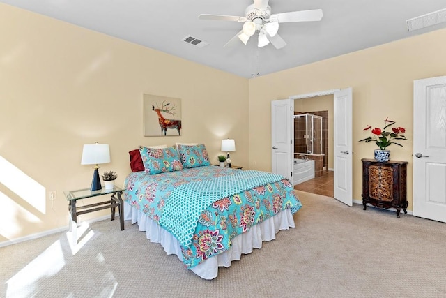 bedroom with light colored carpet and ceiling fan