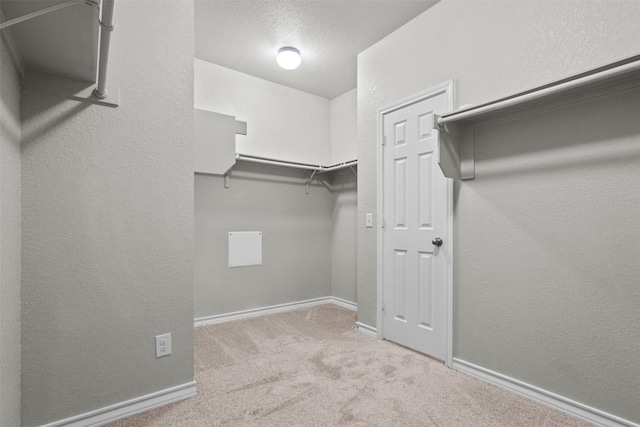 walk in closet with light carpet