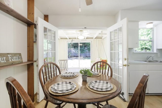 dining space with ceiling fan, coffered ceiling, sink, and light wood-type flooring