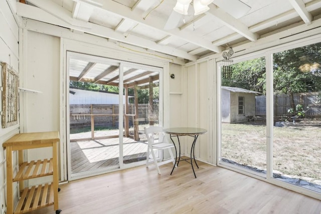 sunroom with ceiling fan and beamed ceiling