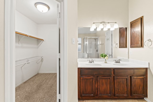 bathroom with vanity and a shower with shower door