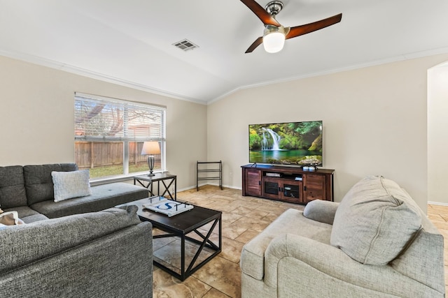 living room featuring vaulted ceiling, ornamental molding, and ceiling fan