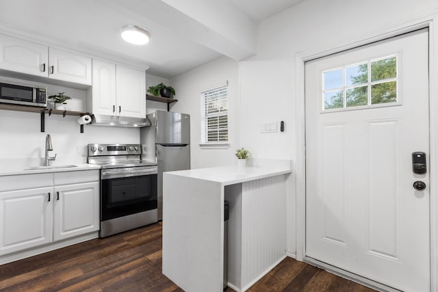 kitchen with a sink, white cabinets, light countertops, appliances with stainless steel finishes, and open shelves