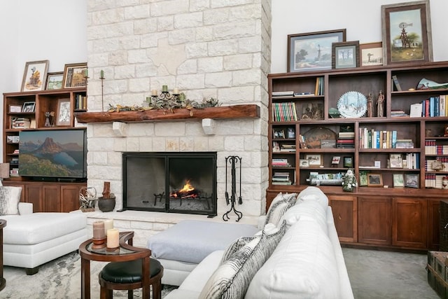 living room with a fireplace