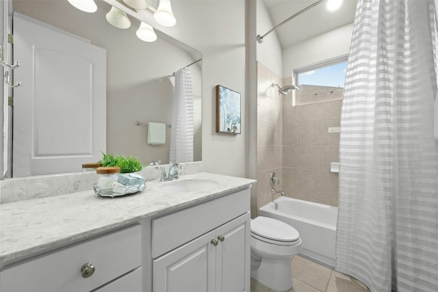 full bathroom with tile patterned flooring, vanity, shower / bathtub combination with curtain, and toilet