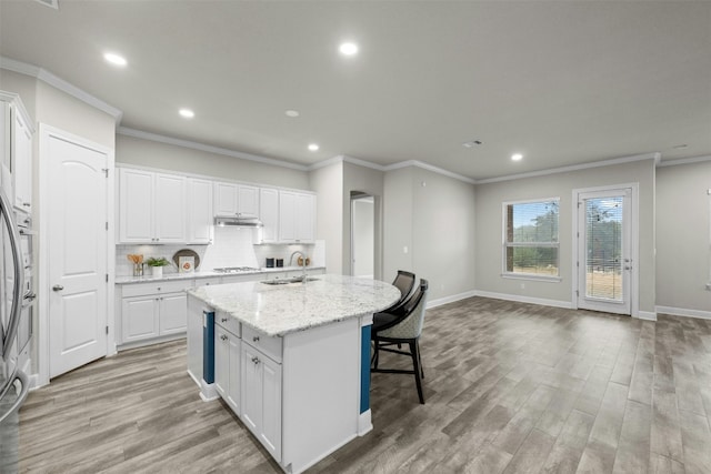 259 N Sage Holw, Dripping Springs, TX 78620 - kitchen with a sink, an island with sink, white cabinetry, recessed lighting, and crown molding