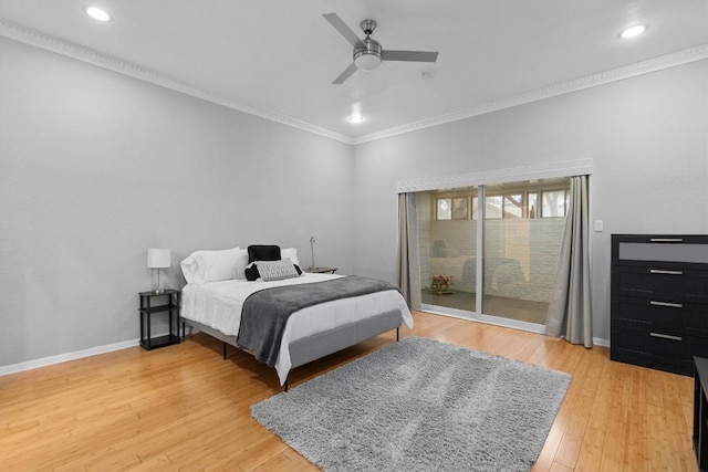 bedroom with access to exterior, wood-type flooring, ornamental molding, and ceiling fan