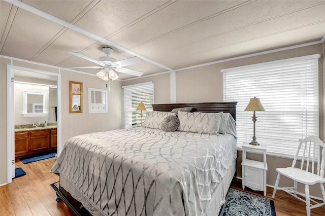 bedroom with light hardwood / wood-style flooring and ceiling fan