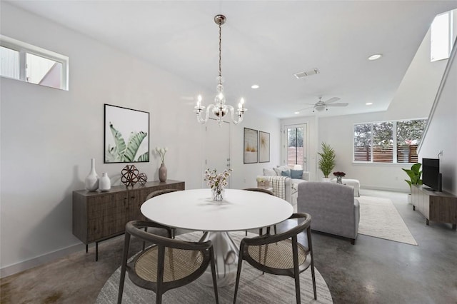 dining area featuring visible vents, recessed lighting, finished concrete flooring, and baseboards