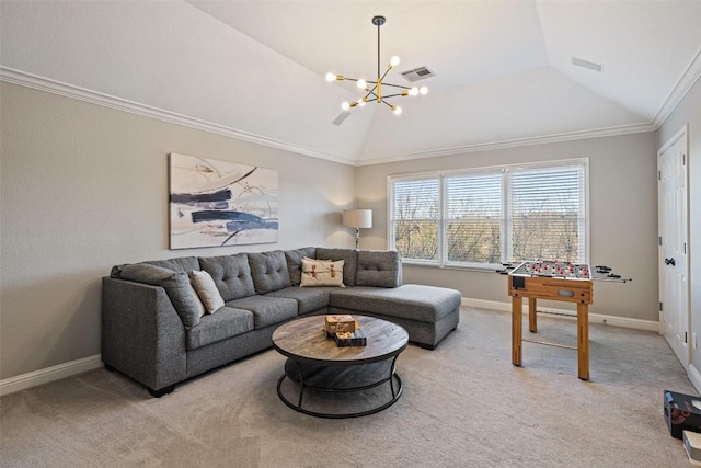 living area featuring ornamental molding, a chandelier, light carpet, and vaulted ceiling