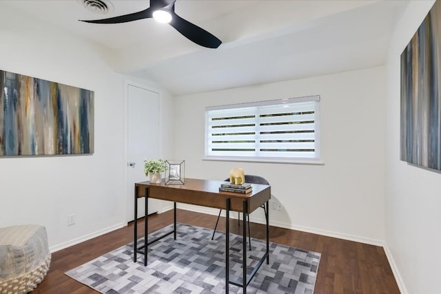 office area featuring wood-type flooring, ceiling fan, and vaulted ceiling