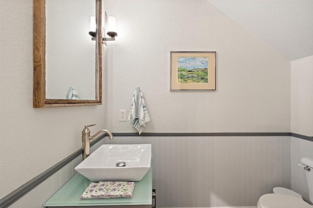 bathroom with vaulted ceiling, toilet, and sink