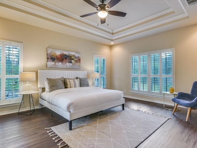 bedroom featuring multiple windows, ornamental molding, and a raised ceiling