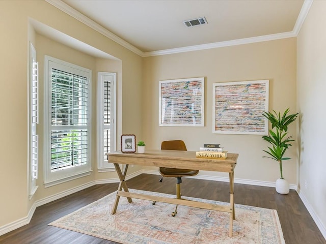 office area with dark hardwood / wood-style flooring and crown molding