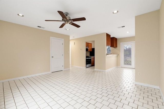 tiled empty room with ceiling fan