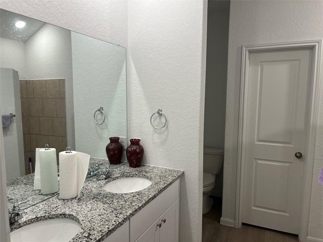 bathroom with vanity, hardwood / wood-style floors, and toilet