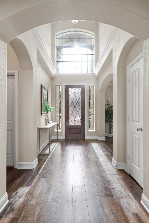 foyer with dark wood-type flooring and a high ceiling