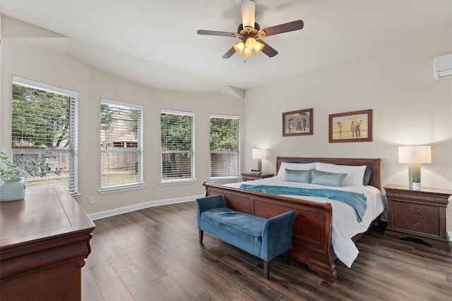 bedroom with multiple windows, dark hardwood / wood-style floors, and ceiling fan