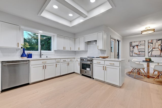 kitchen featuring sink, appliances with stainless steel finishes, backsplash, light hardwood / wood-style floors, and white cabinets