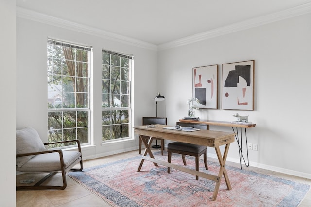 home office with crown molding and plenty of natural light