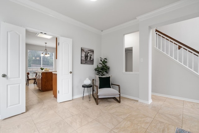 living area featuring crown molding, light tile patterned flooring, and a notable chandelier