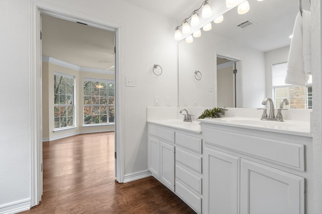 bathroom featuring a wealth of natural light, hardwood / wood-style floors, vanity, and crown molding