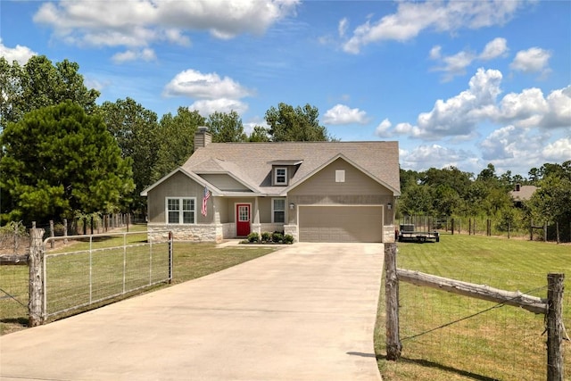 254 Cardinal Loop, Paige, TX 78659 - craftsman inspired home featuring stone siding, concrete driveway, a chimney, and a garage