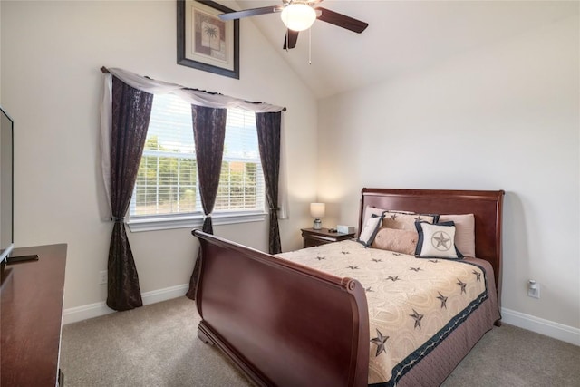 bedroom featuring lofted ceiling, carpet flooring, ceiling fan, and baseboards