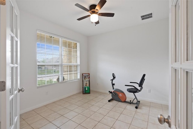 19405 Colgin Dr, Pflugerville, TX 78660 - exercise room featuring healthy amount of natural light, a ceiling fan, and light tile patterned flooring