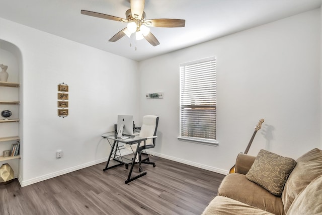 home office with ceiling fan and wood-type flooring