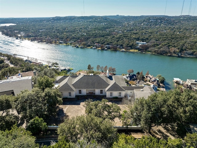 aerial view featuring a water view