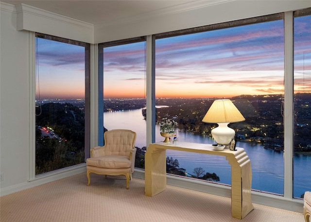 sitting room with carpet, ornamental molding, and a water view