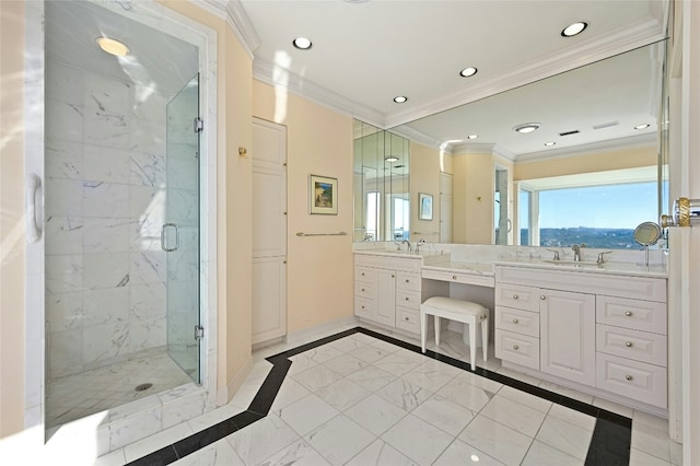 bathroom with ornamental molding, vanity, and walk in shower