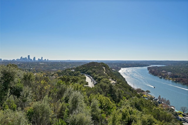 bird's eye view with a water view