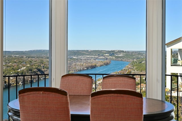 interior space featuring a water view