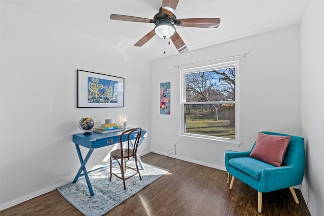 office featuring ceiling fan and dark wood-type flooring