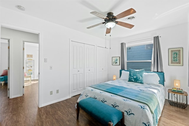 bedroom featuring ceiling fan, a closet, and hardwood / wood-style floors