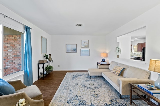 living room featuring dark wood-type flooring and sink