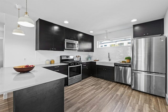 kitchen with appliances with stainless steel finishes, light wood-style floors, a peninsula, and dark cabinets