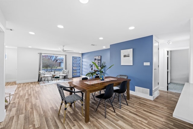 dining area featuring visible vents, wood finished floors, recessed lighting, baseboards, and ceiling fan