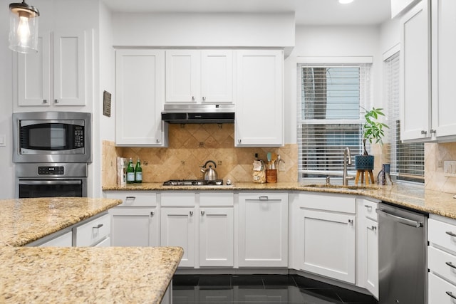 6136 Oliver Loving Trl, Austin, TX 78749 - kitchen featuring stainless steel appliances, white cabinets, under cabinet range hood, recessed lighting, and decorative backsplash