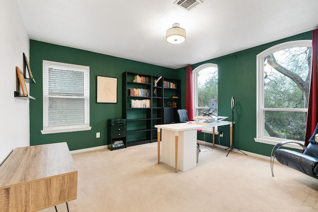 home office featuring light carpet