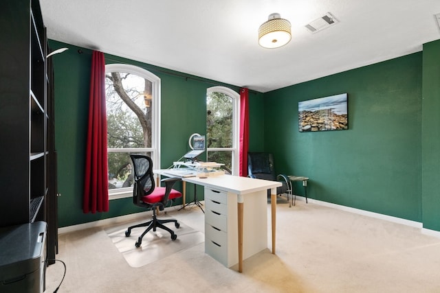 carpeted home office with plenty of natural light