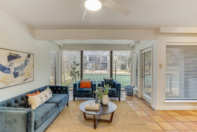 sunroom featuring ceiling fan, a wealth of natural light, and beam ceiling