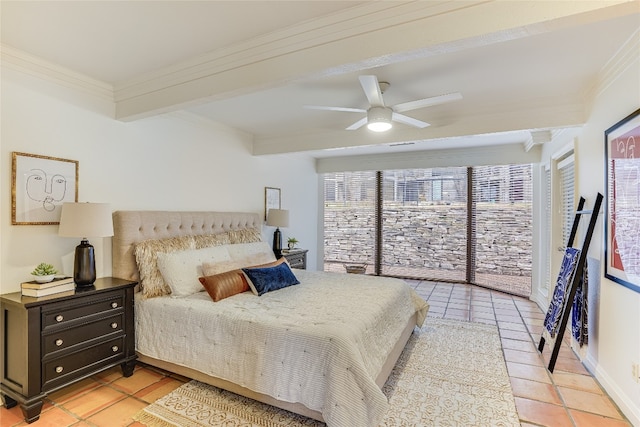 tiled bedroom with ornamental molding, ceiling fan, and beam ceiling