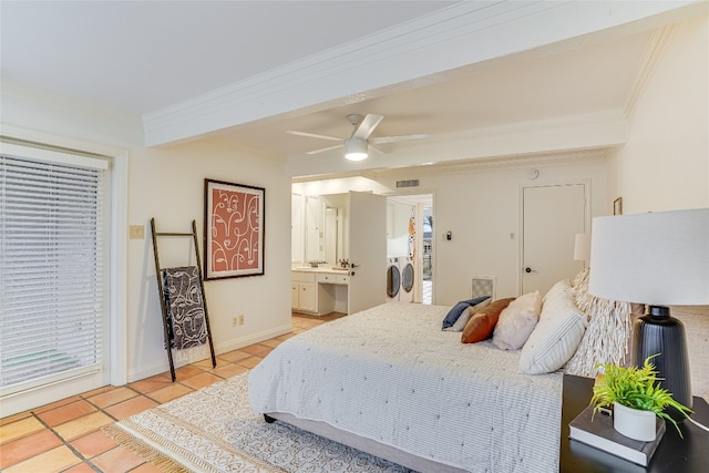 bedroom with light tile patterned floors, crown molding, ceiling fan, access to exterior, and independent washer and dryer