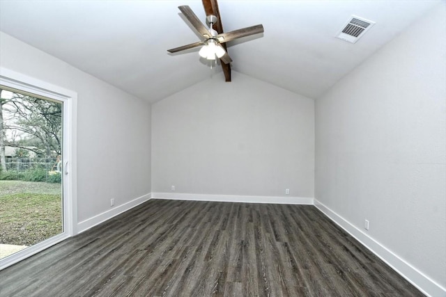 empty room with dark hardwood / wood-style flooring, lofted ceiling with beams, and ceiling fan